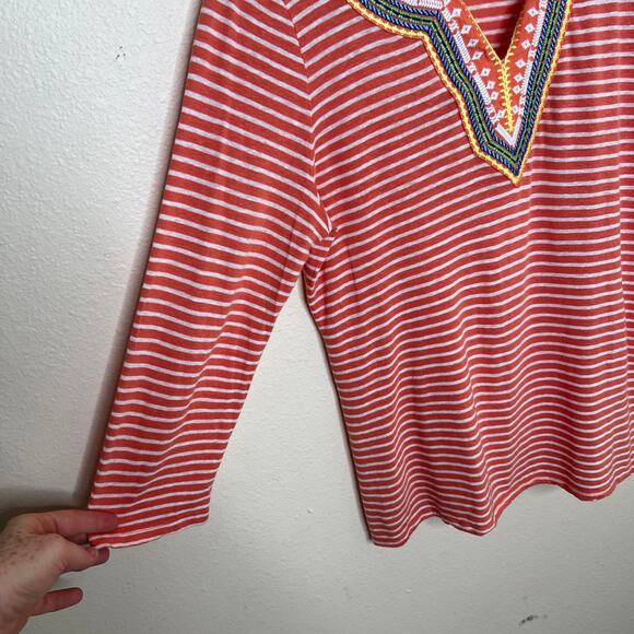 Rafaella Weekend Orange Stripe Embroidered Long Sleeve Tee Medium - Picture 3 of 6